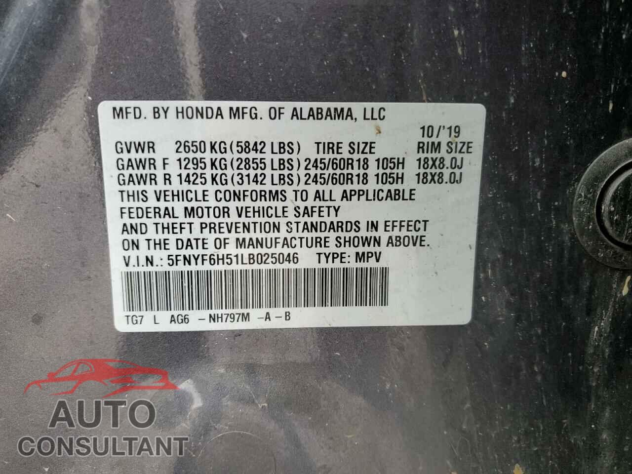 HONDA PILOT 2020 - 5FNYF6H51LB025046