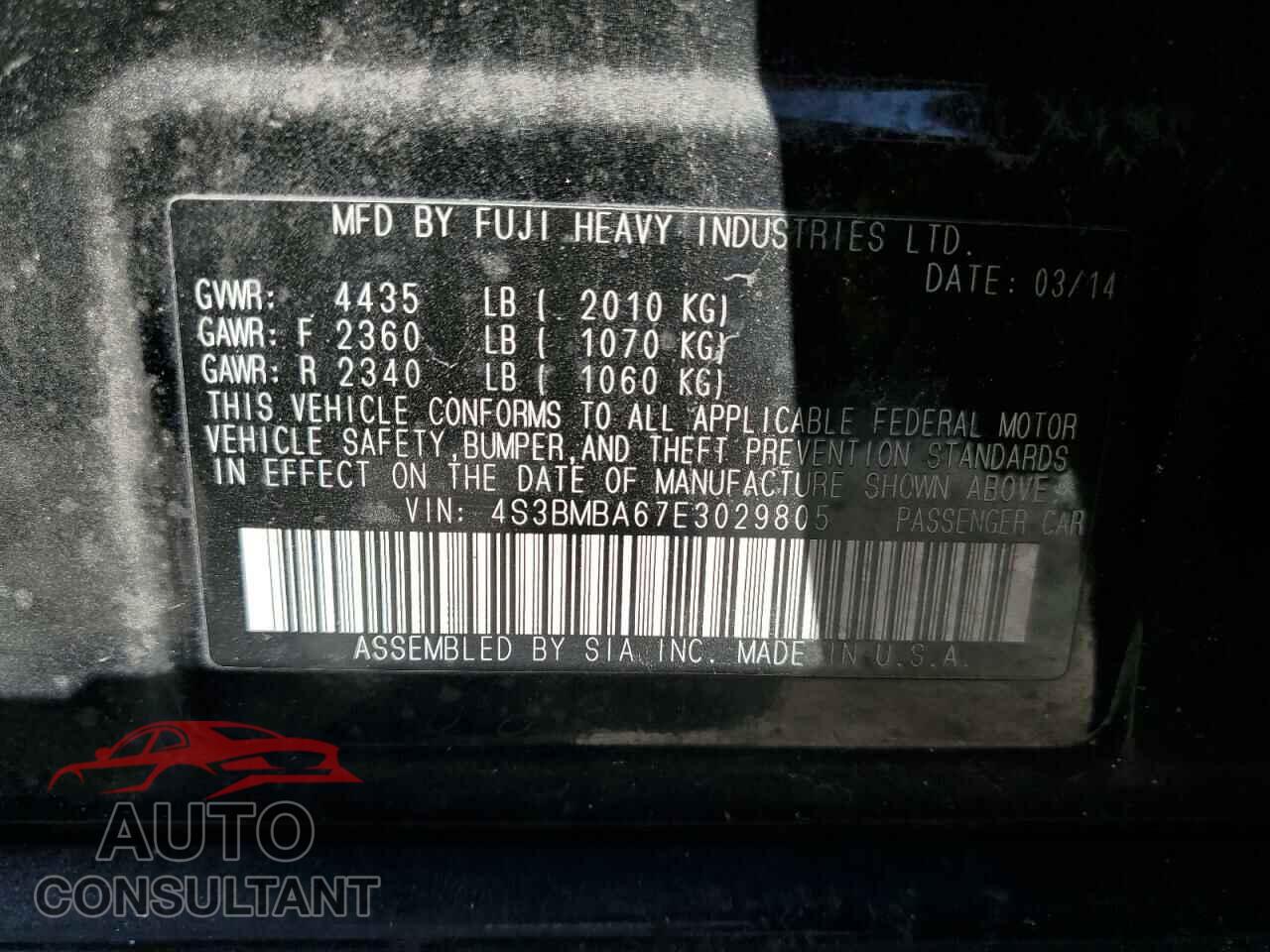 SUBARU LEGACY 2014 - 4S3BMBA67E3029805