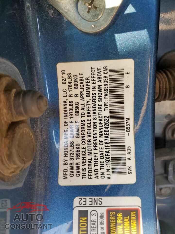 HONDA CIVIC 2010 - 19XFA1F87AE042622