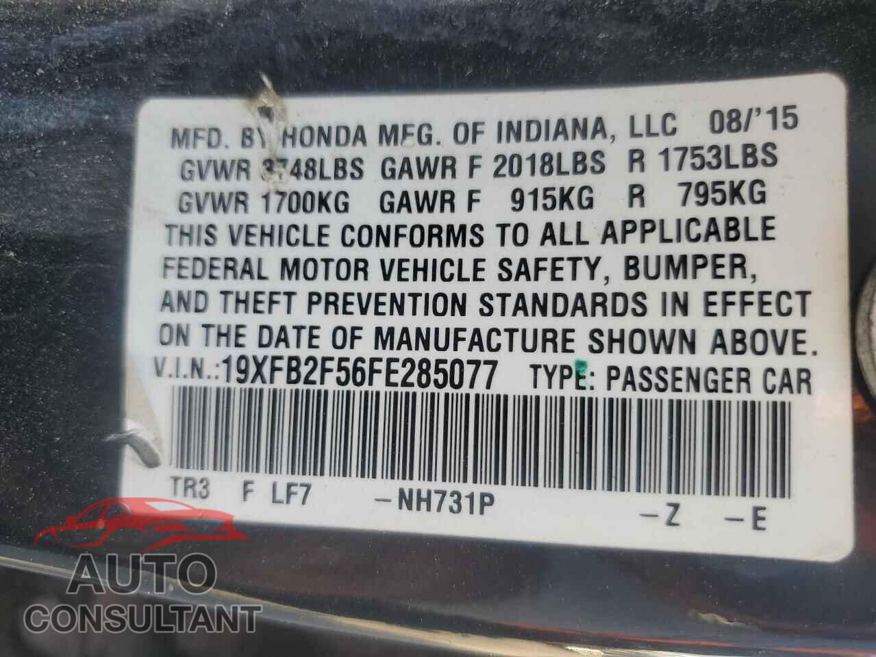 HONDA CIVIC 2015 - 19XFB2F56FE285077