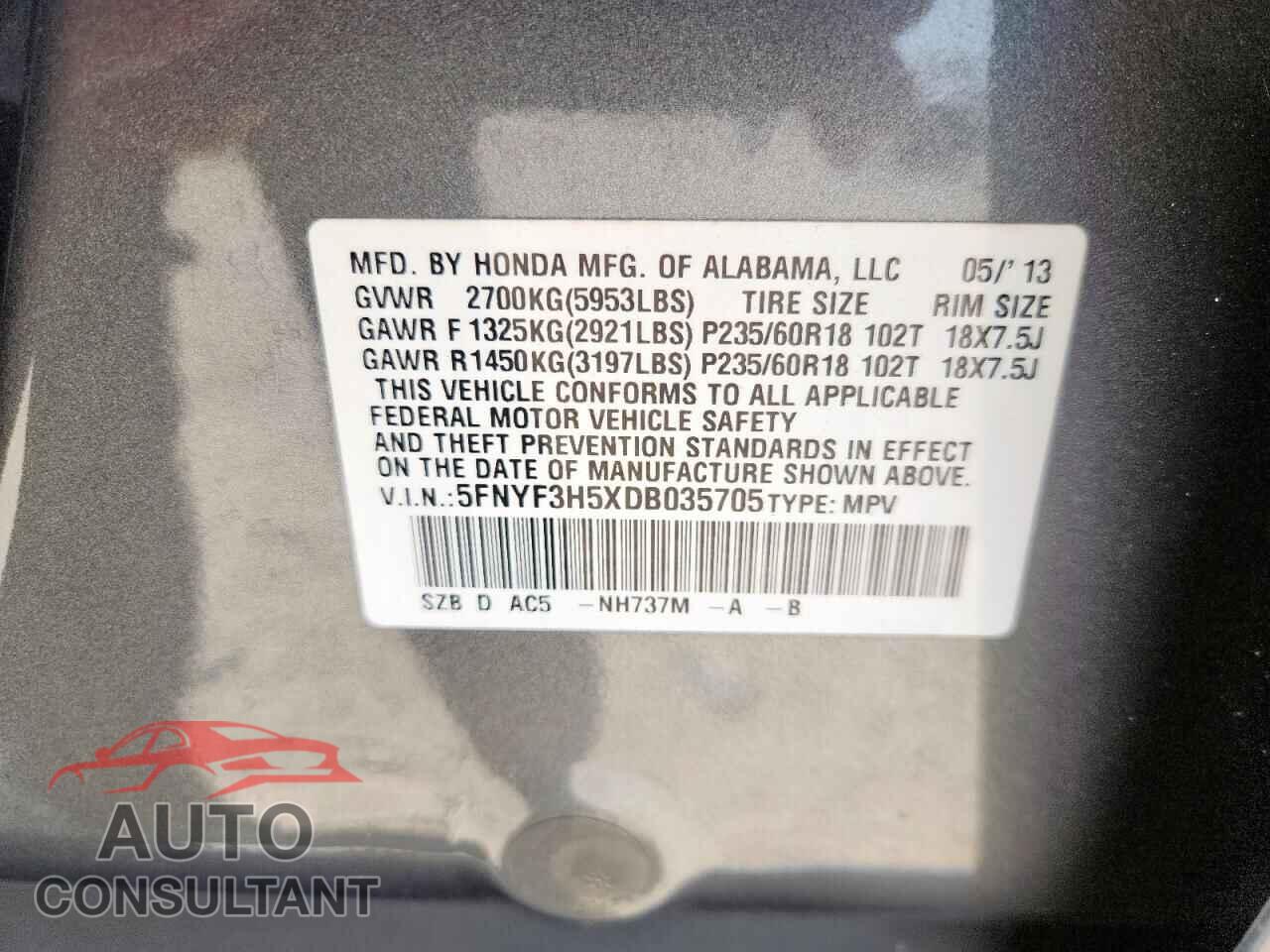 HONDA PILOT 2013 - 5FNYF3H5XDB035705
