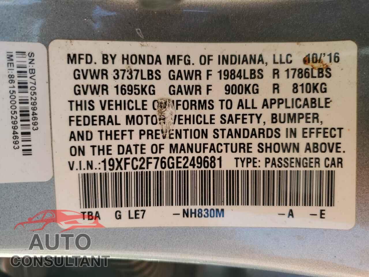 HONDA CIVIC 2016 - 19XFC2F76GE249681