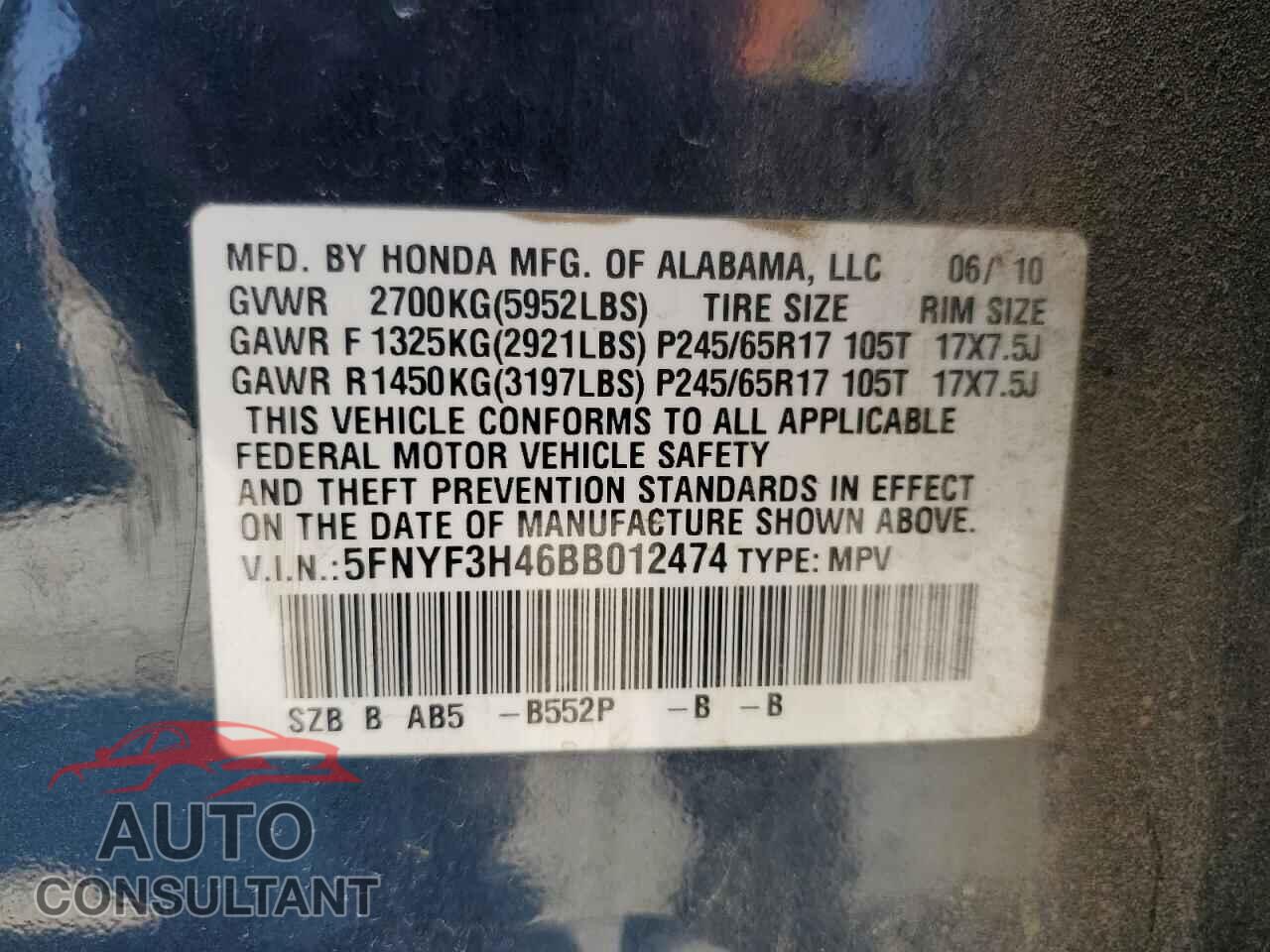 HONDA PILOT 2011 - 5FNYF3H46BB012474