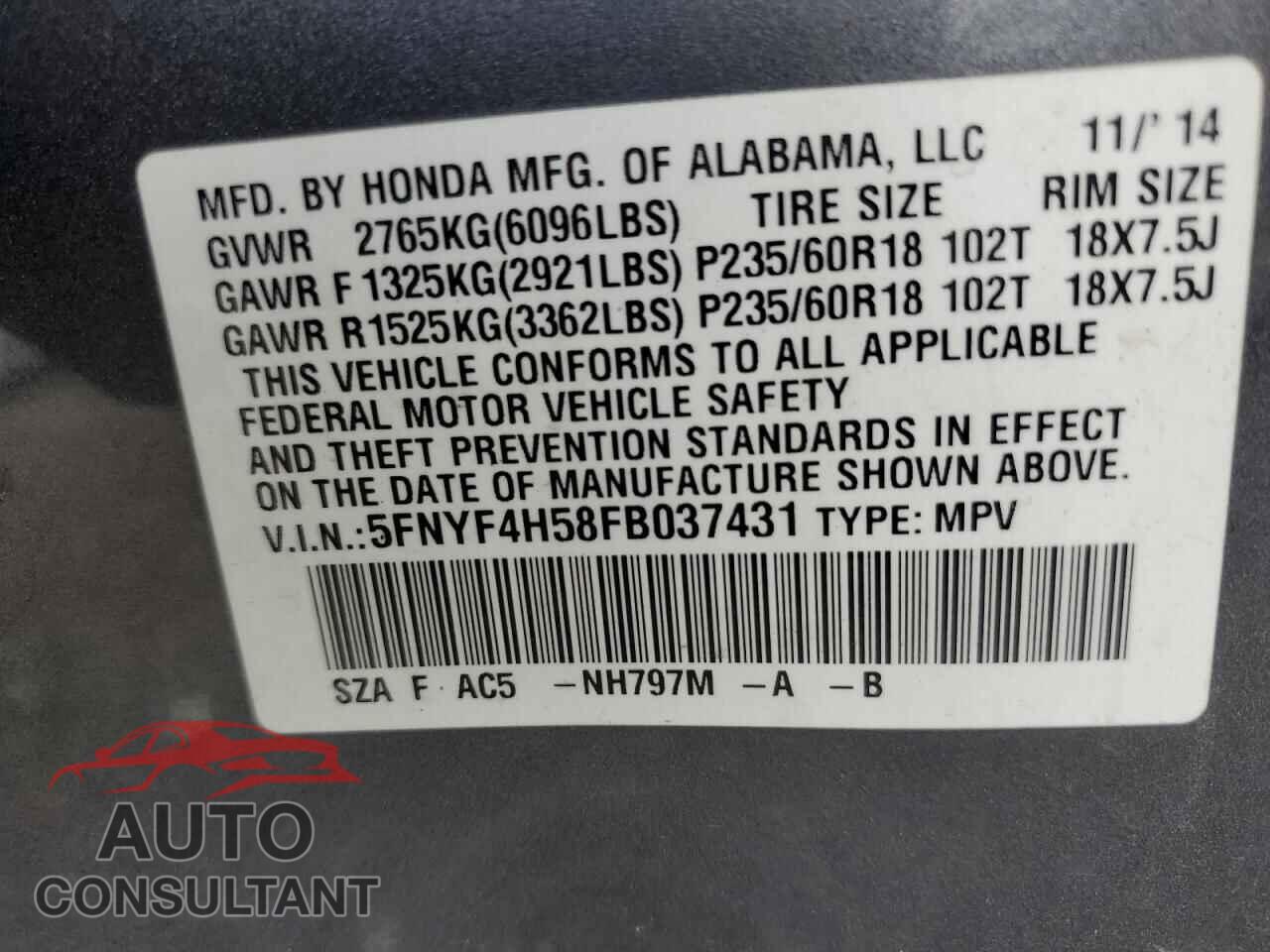HONDA PILOT 2015 - 5FNYF4H58FB037431