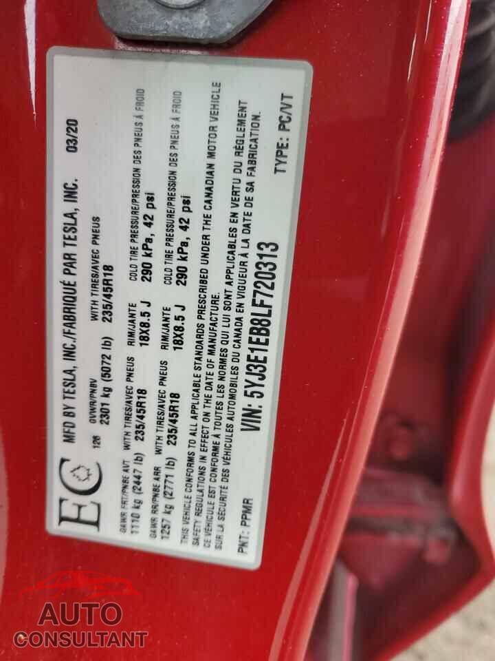 TESLA MODEL 3 2020 - 5YJ3E1EB8LF720313