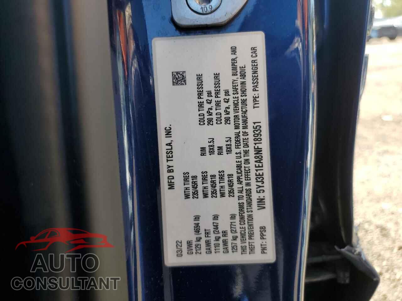 TESLA MODEL 3 2022 - 5YJ3E1EA8NF189351