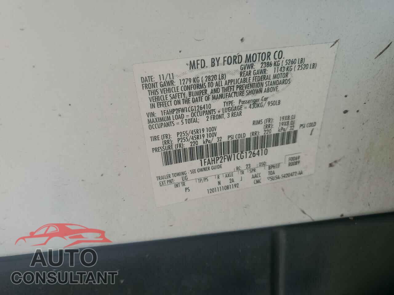 FORD TAURUS 2012 - 1FAHP2FW1CG126410