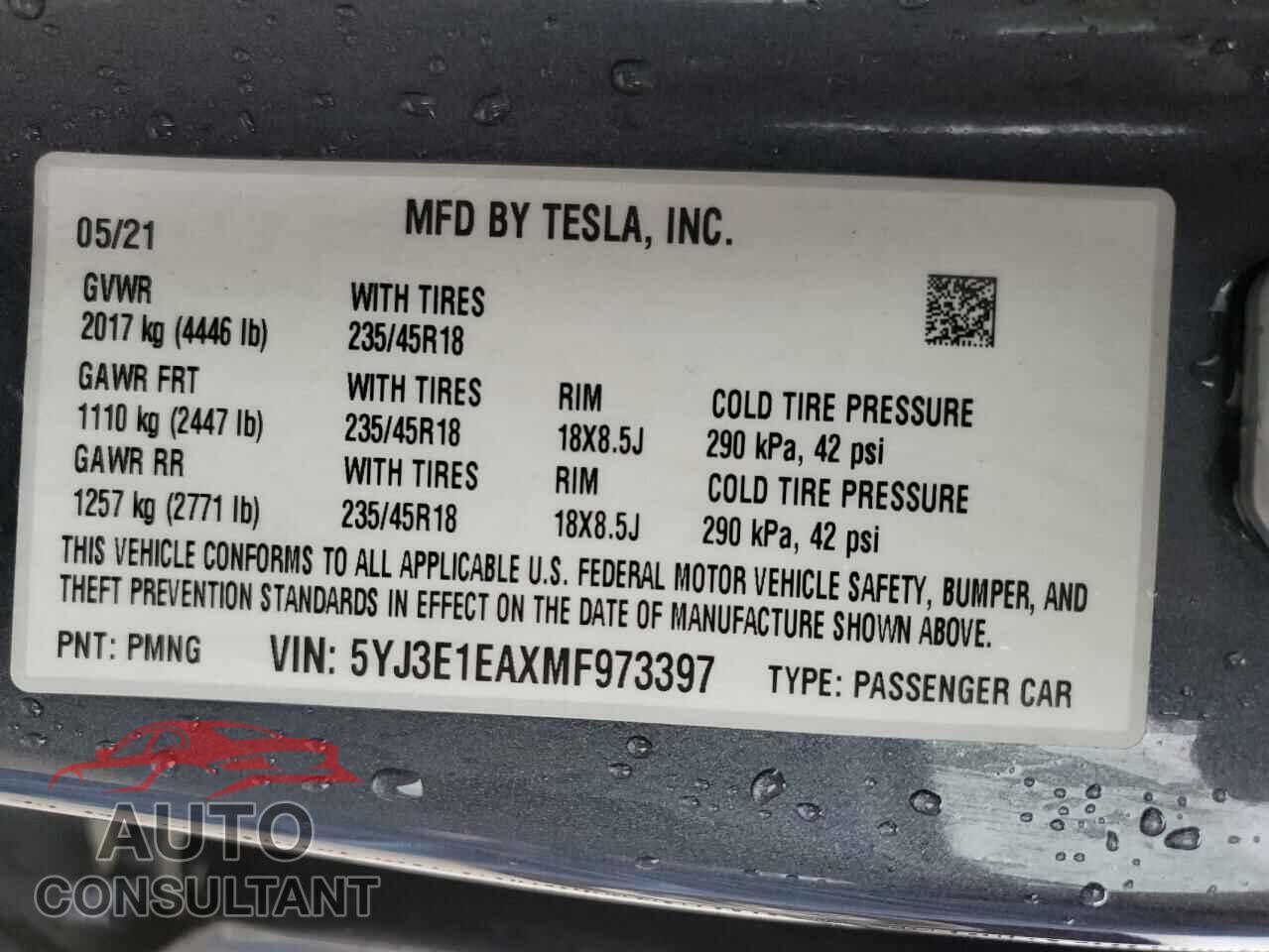 TESLA MODEL 3 2021 - 5YJ3E1EAXMF973397