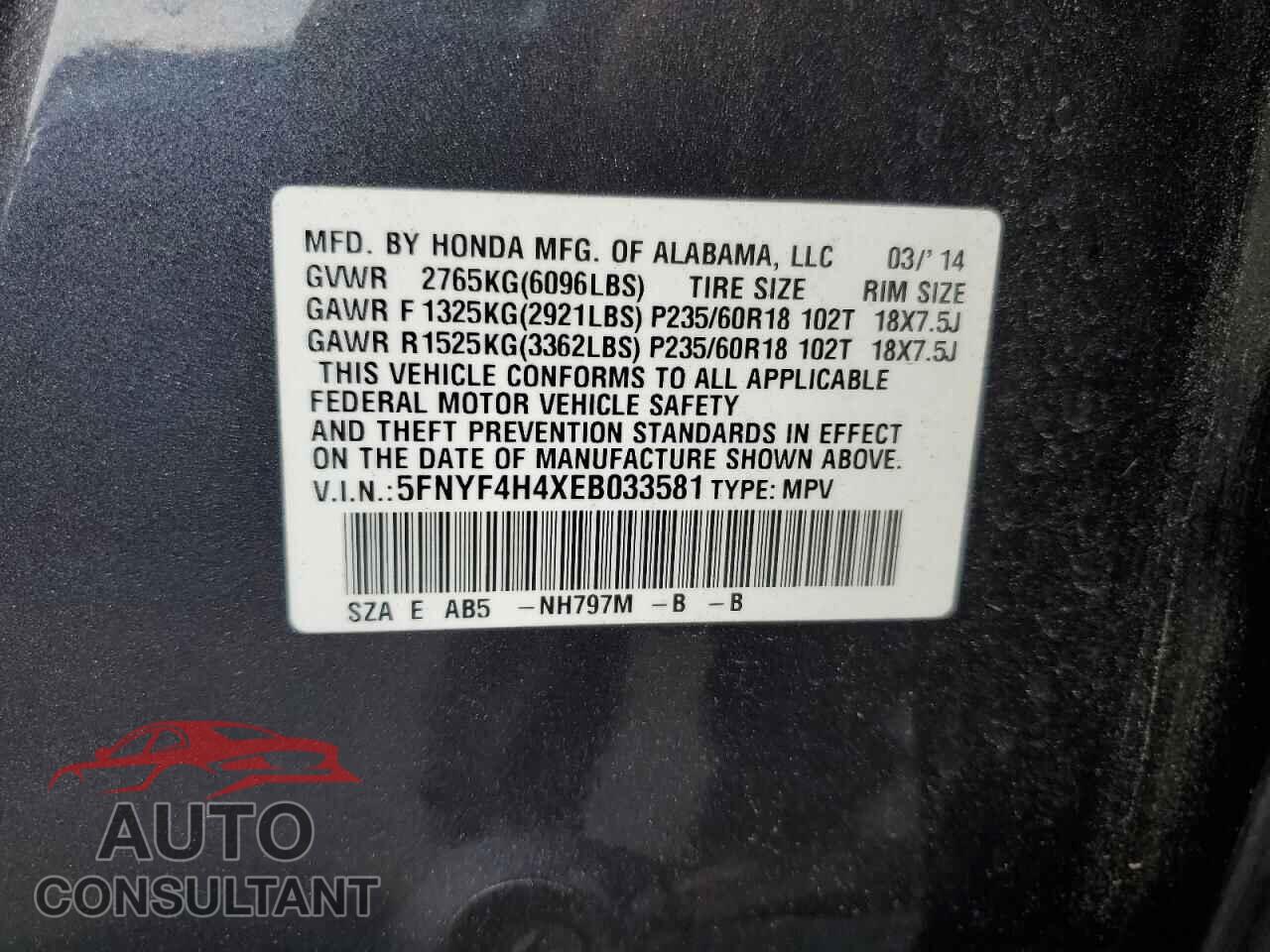 HONDA PILOT 2014 - 5FNYF4H4XEB033581