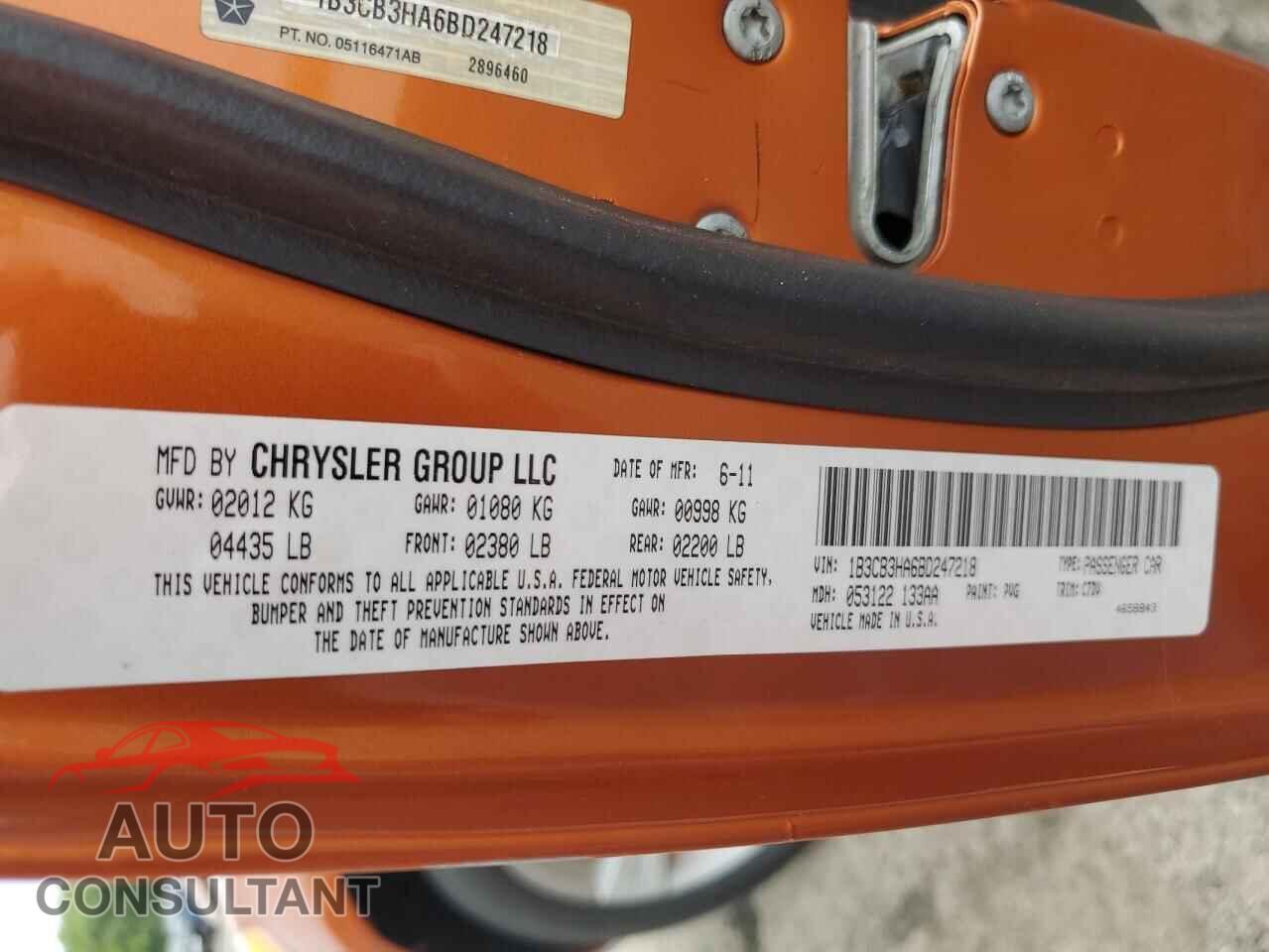 DODGE CALIBER 2011 - 1B3CB3HA6BD247218