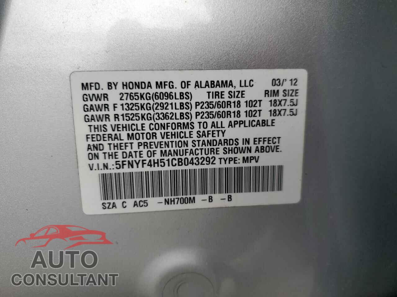 HONDA PILOT 2012 - 5FNYF4H51CB043292