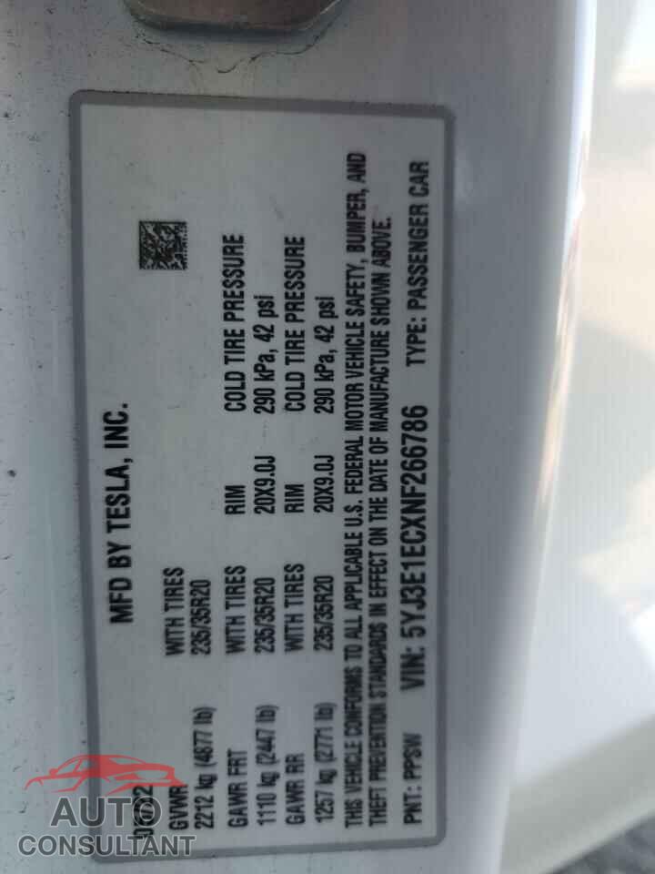 TESLA MODEL 3 2022 - 5YJ3E1ECXNF266786