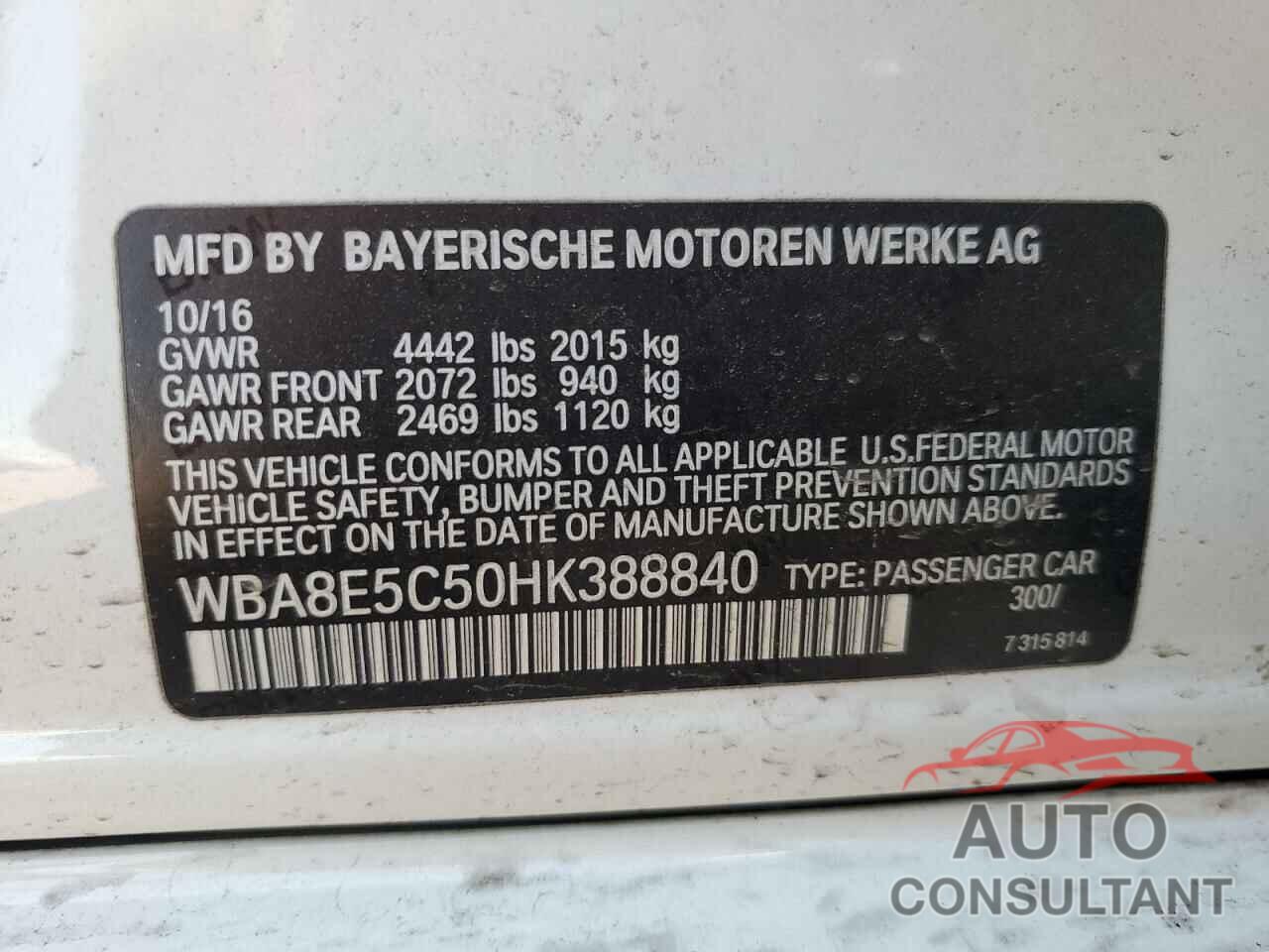 BMW 3 SERIES 2017 - WBA8E5C50HK388840