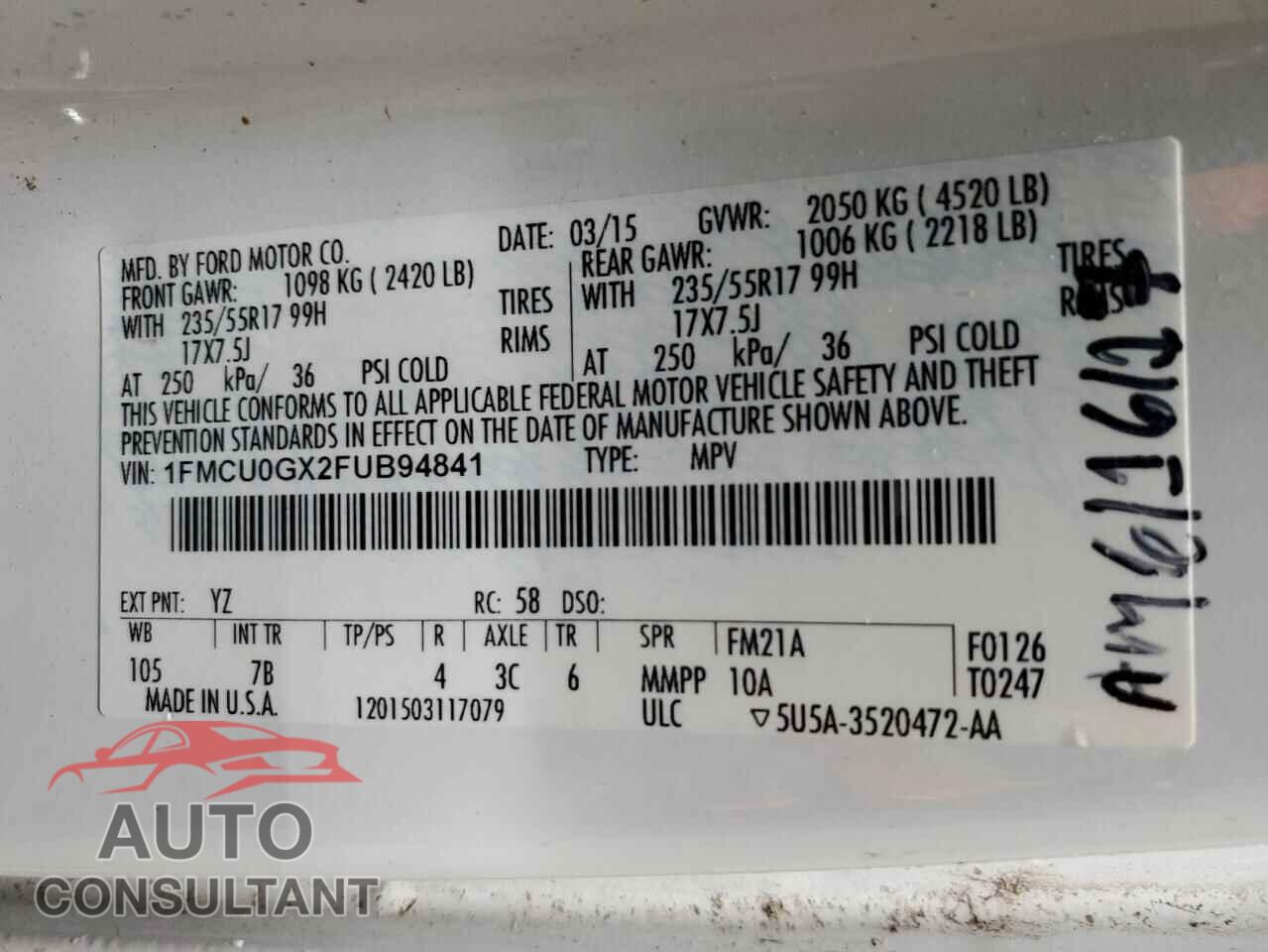 FORD ESCAPE 2015 - 1FMCU0GX2FUB94841