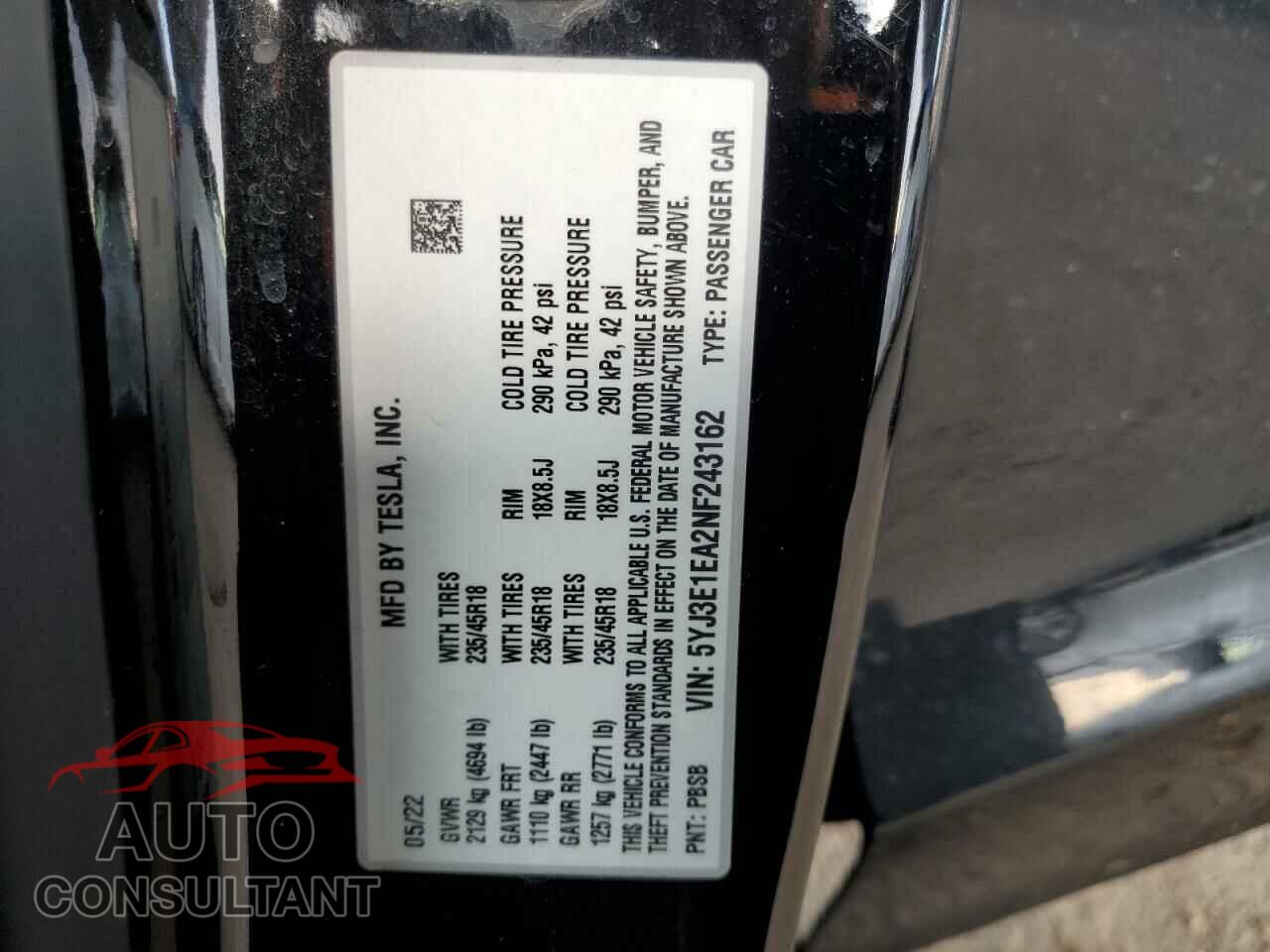 TESLA MODEL 3 2022 - 5YJ3E1EA2NF243162