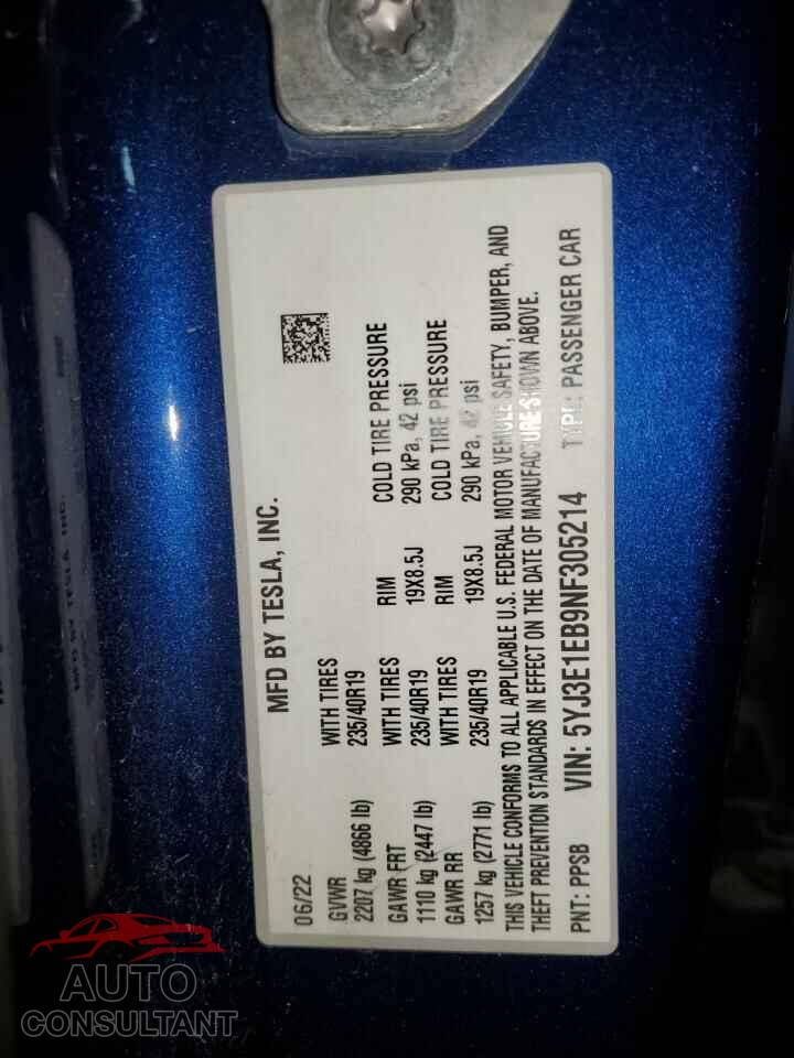 TESLA MODEL 3 2022 - 5YJ3E1EB9NF305214