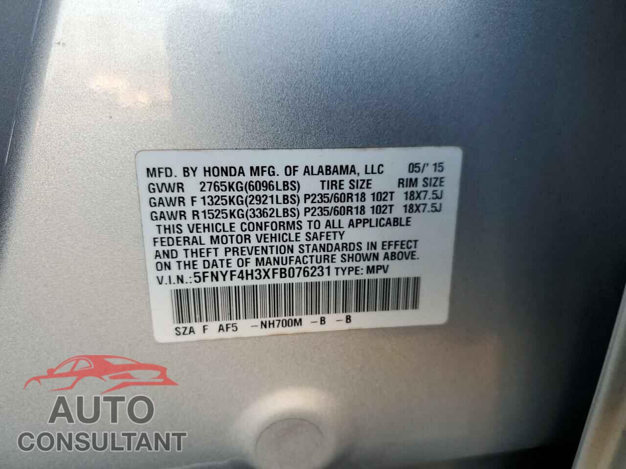 HONDA PILOT 2015 - 5FNYF4H3XFB076231
