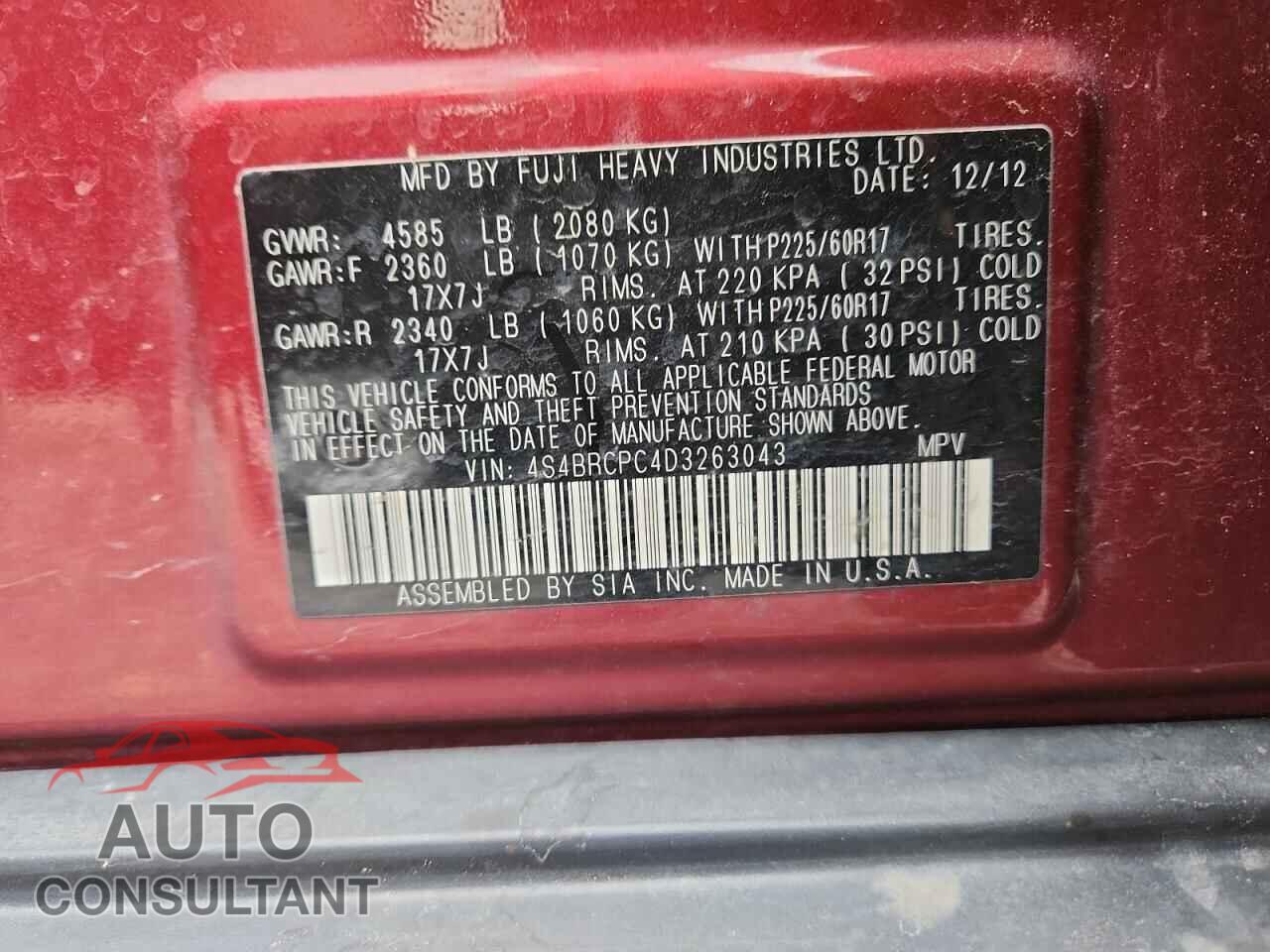 SUBARU OUTBACK 2013 - 4S4BRCPC4D3263043