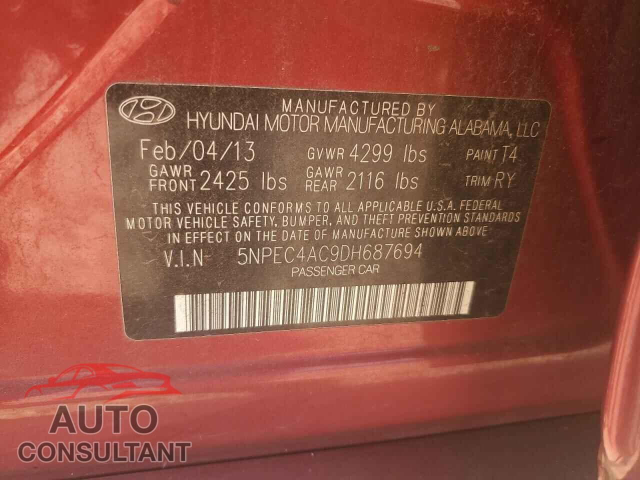 HYUNDAI SONATA 2013 - 5NPEC4AC9DH687694