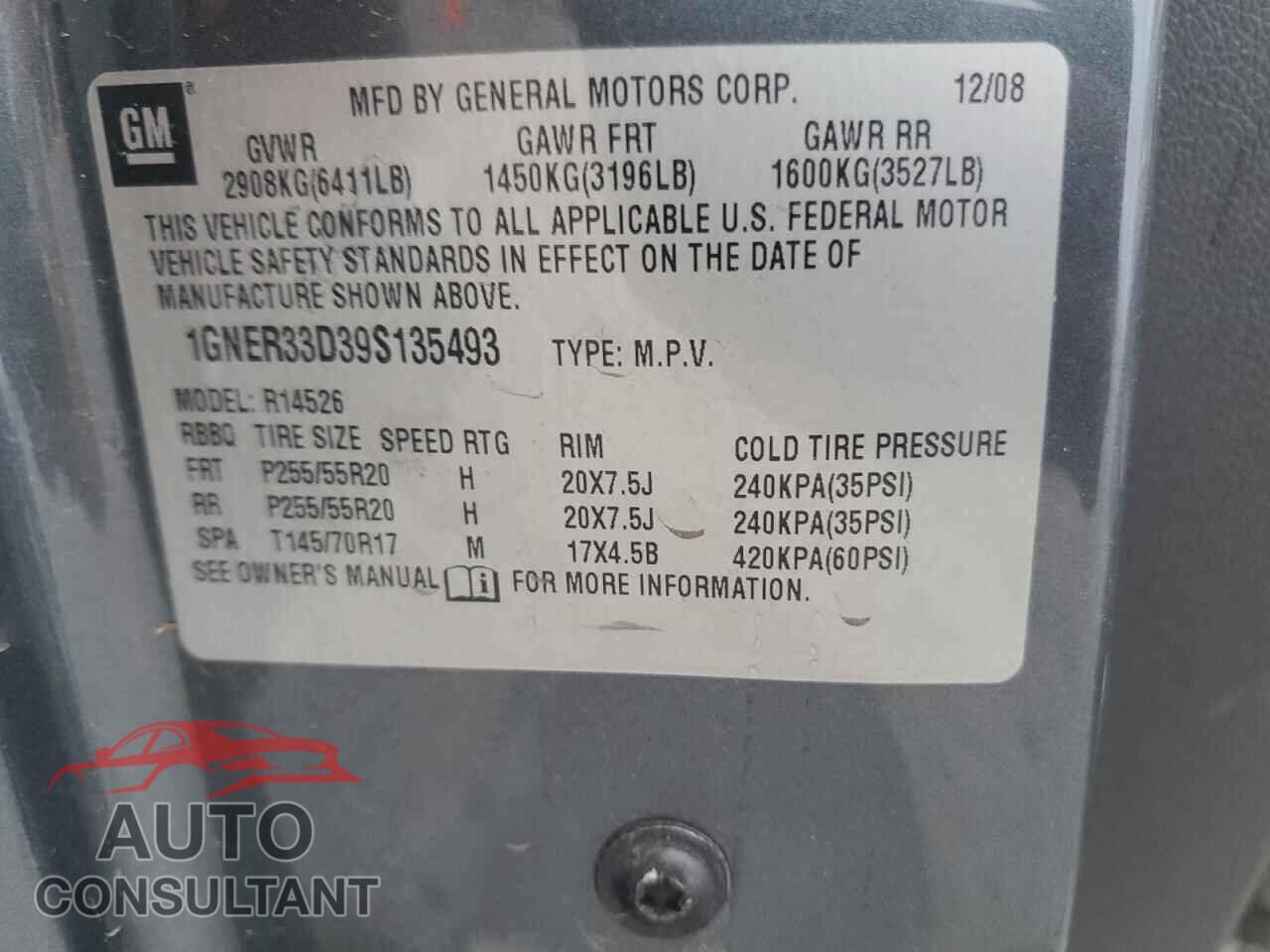 CHEVROLET TRAVERSE 2009 - 1GNER33D39S135493