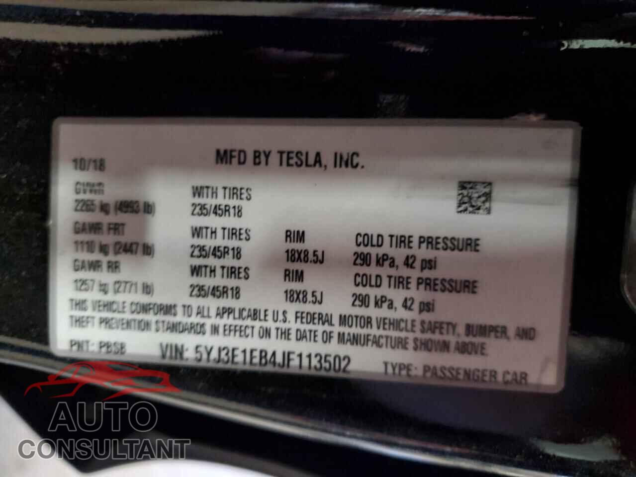 TESLA MODEL 3 2018 - 5YJ3E1EB4JF113502