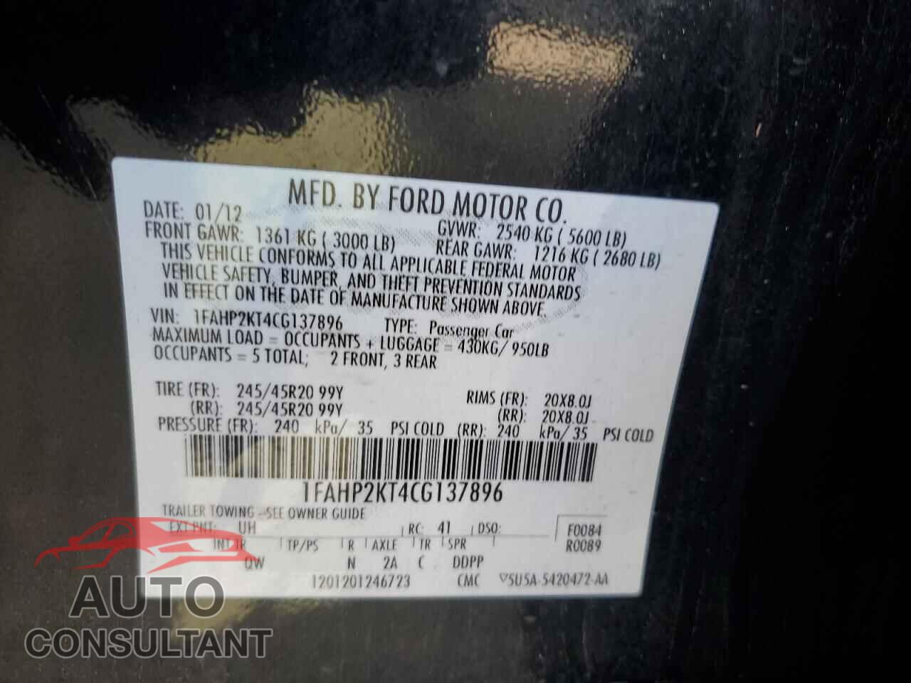 FORD TAURUS 2012 - 1FAHP2KT4CG137896
