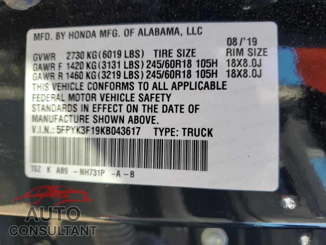HONDA RIDGELINE 2019 - 5FPYK3F19KB043617