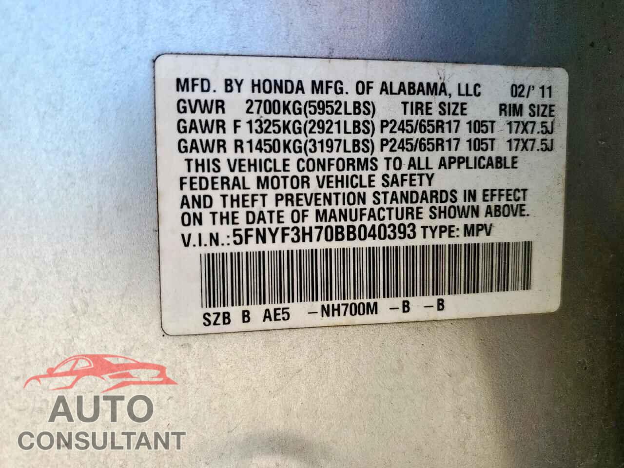 HONDA PILOT 2011 - 5FNYF3H70BB040393
