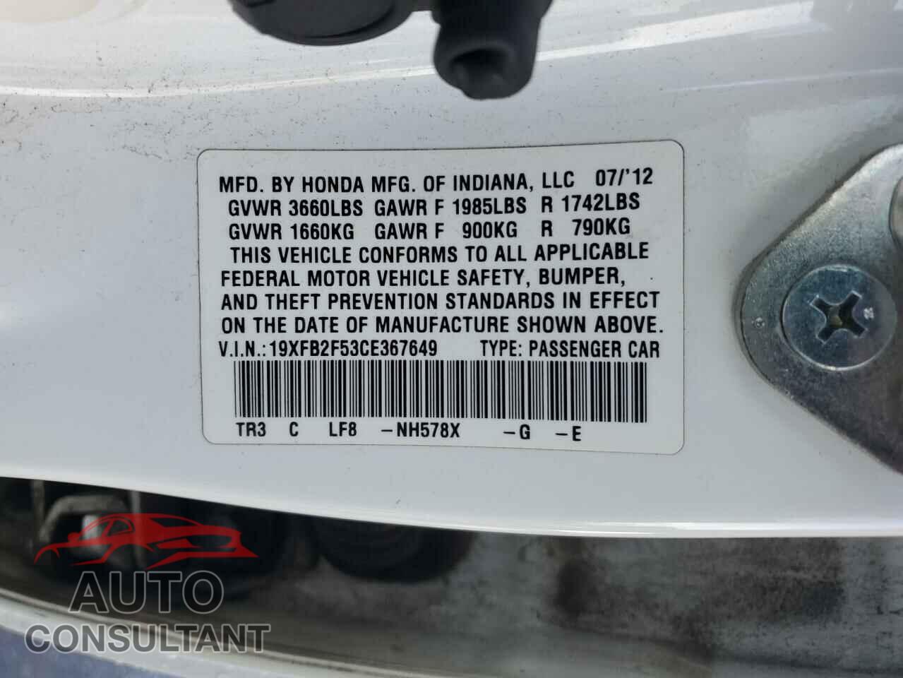 HONDA CIVIC 2012 - 19XFB2F53CE367649