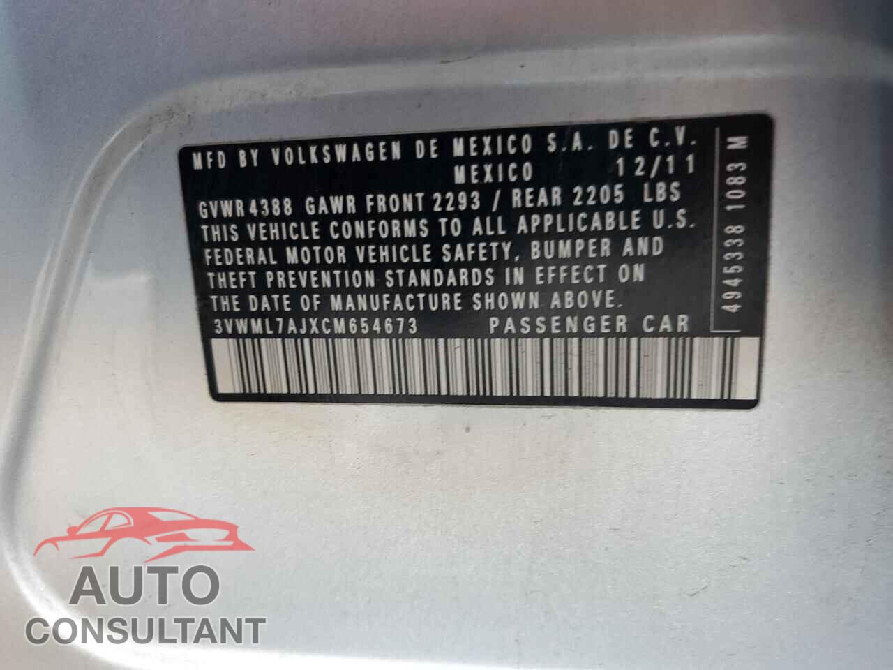 VOLKSWAGEN JETTA 2012 - 3VWML7AJXCM654673