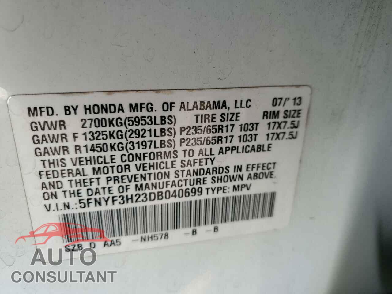 HONDA PILOT 2013 - 5FNYF3H23DB040699