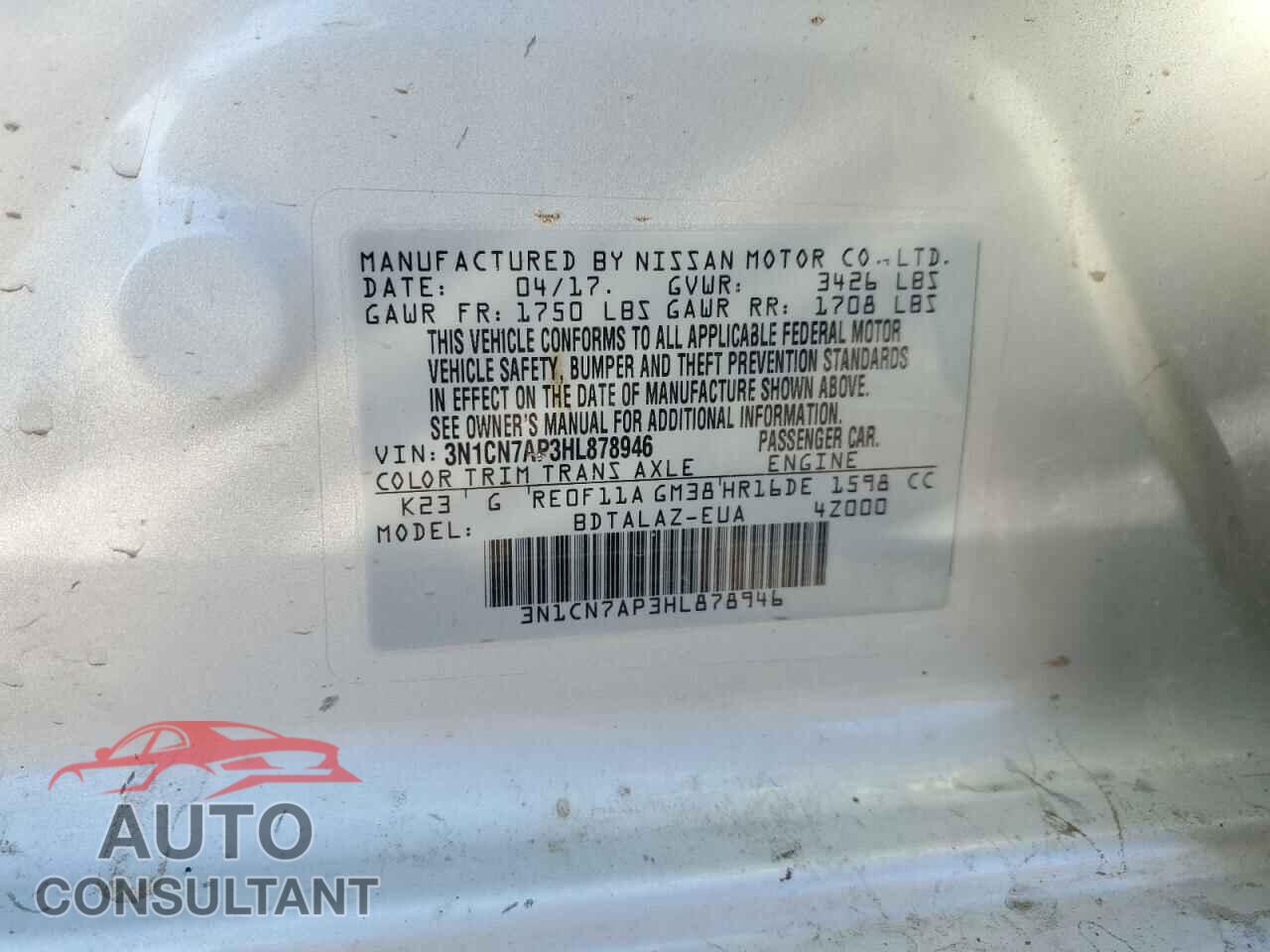 NISSAN VERSA 2017 - 3N1CN7AP3HL878946