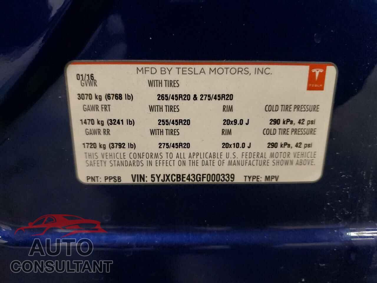 TESLA MODEL X 2016 - 5YJXCBE43GF000339