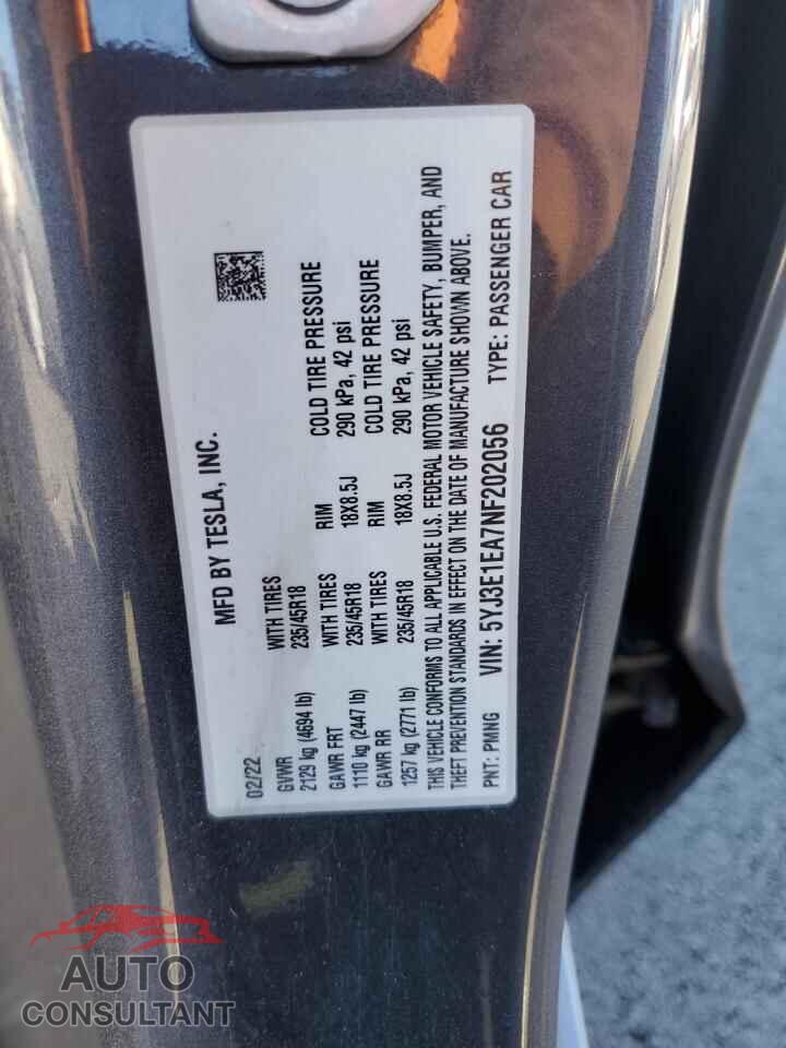 TESLA MODEL 3 2022 - 5YJ3E1EA7NF202056