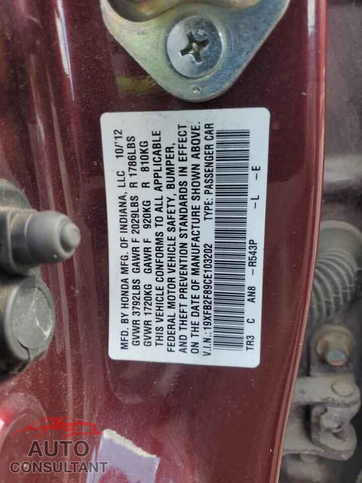 HONDA CIVIC 2012 - 19XFB2F89CE103202