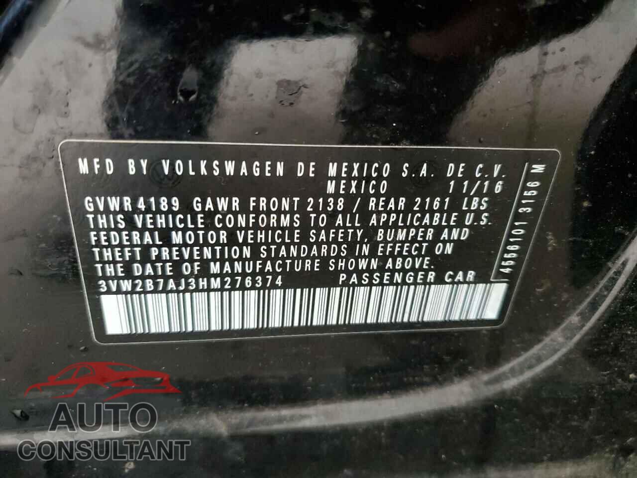 VOLKSWAGEN JETTA 2017 - 3VW2B7AJ3HM276374