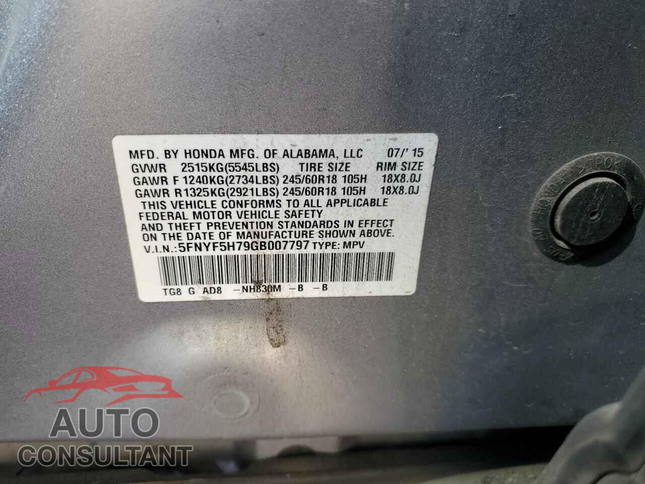 HONDA PILOT 2016 - 5FNYF5H79GB007797