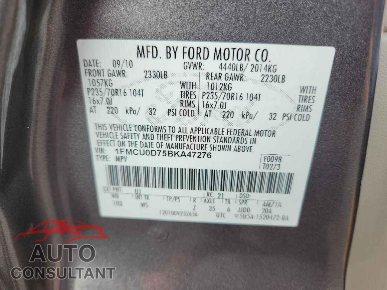 FORD ESCAPE 2011 - 1FMCU0D75BKA47276
