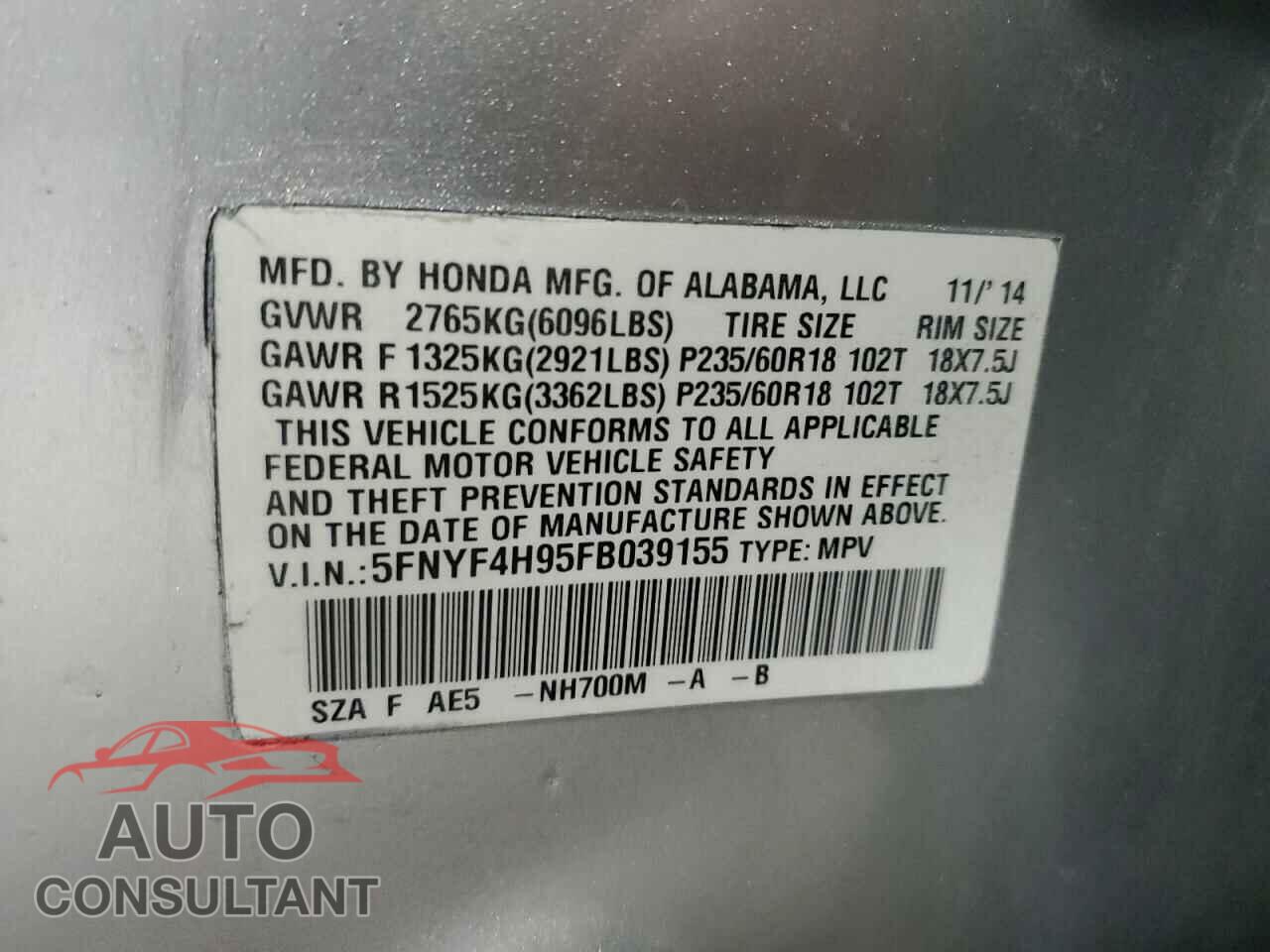 HONDA PILOT 2015 - 5FNYF4H95FB039155