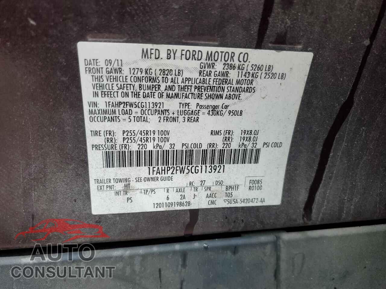 FORD TAURUS 2012 - 1FAHP2FW5CG113921