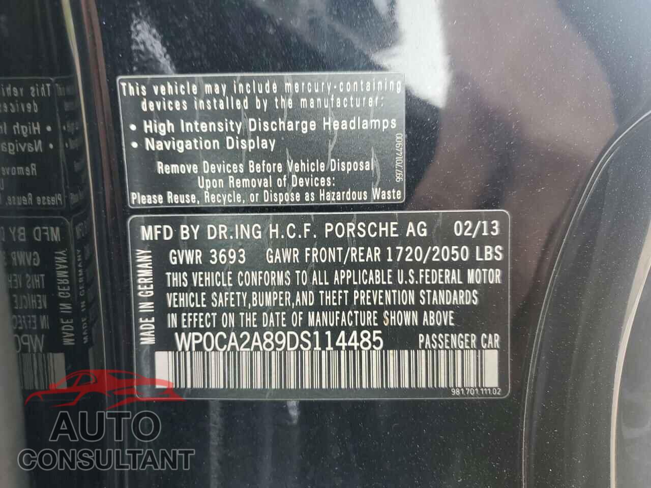 PORSCHE BOXSTER 2013 - WP0CA2A89DS114485