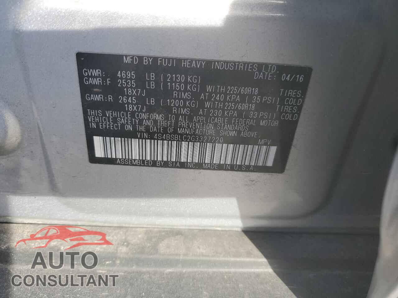 SUBARU OUTBACK 2016 - 4S4BSBLC2G3327220