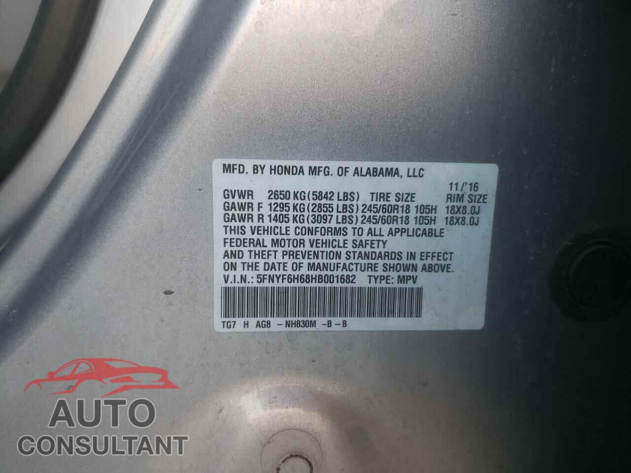 HONDA PILOT 2017 - 5FNYF6H68HB001682