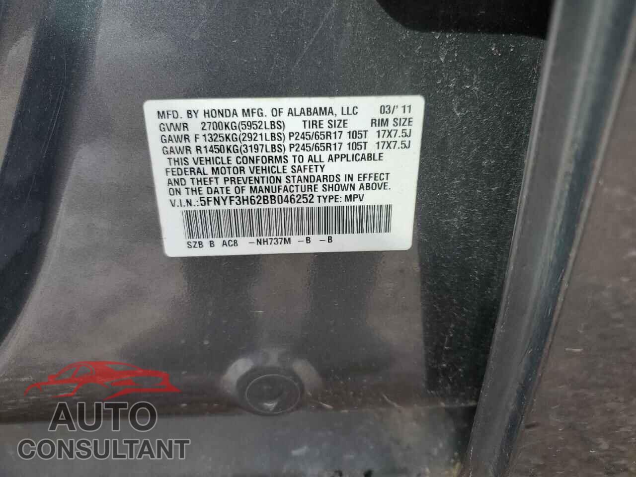 HONDA PILOT 2011 - 5FNYF3H62BB046252
