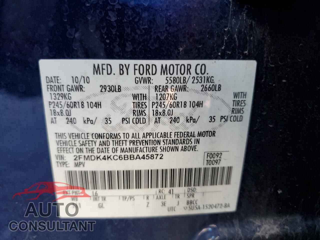 FORD EDGE 2011 - 2FMDK4KC6BBA45872