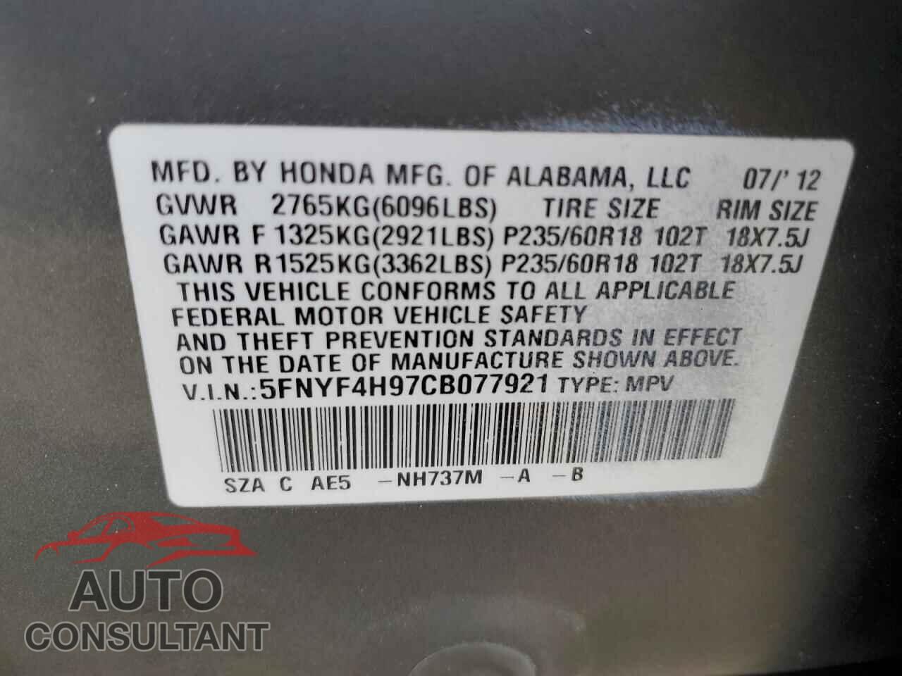 HONDA PILOT 2012 - 5FNYF4H97CB077921