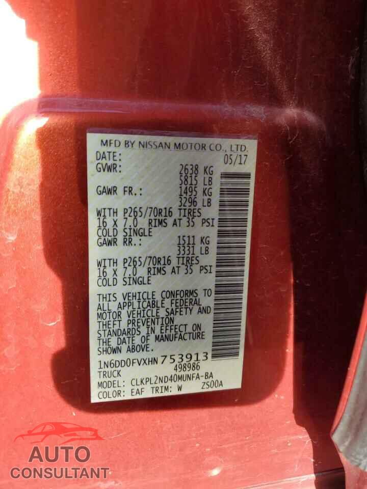 NISSAN FRONTIER 2017 - 1N6DD0FVXHN753913