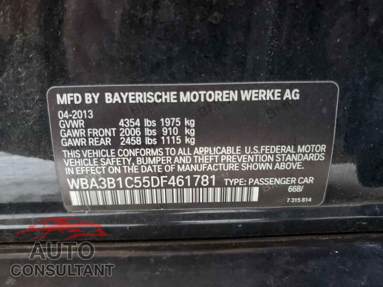 BMW 3 SERIES 2013 - WBA3B1C55DF461781
