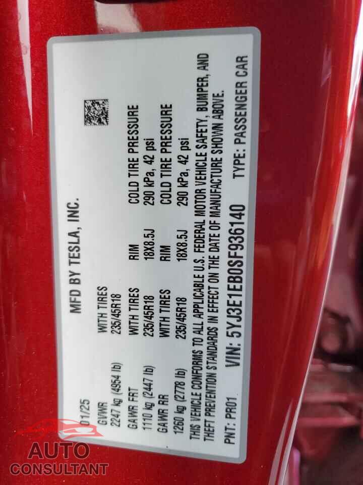 TESLA MODEL 3 2025 - 5YJ3E1EB0SF936140