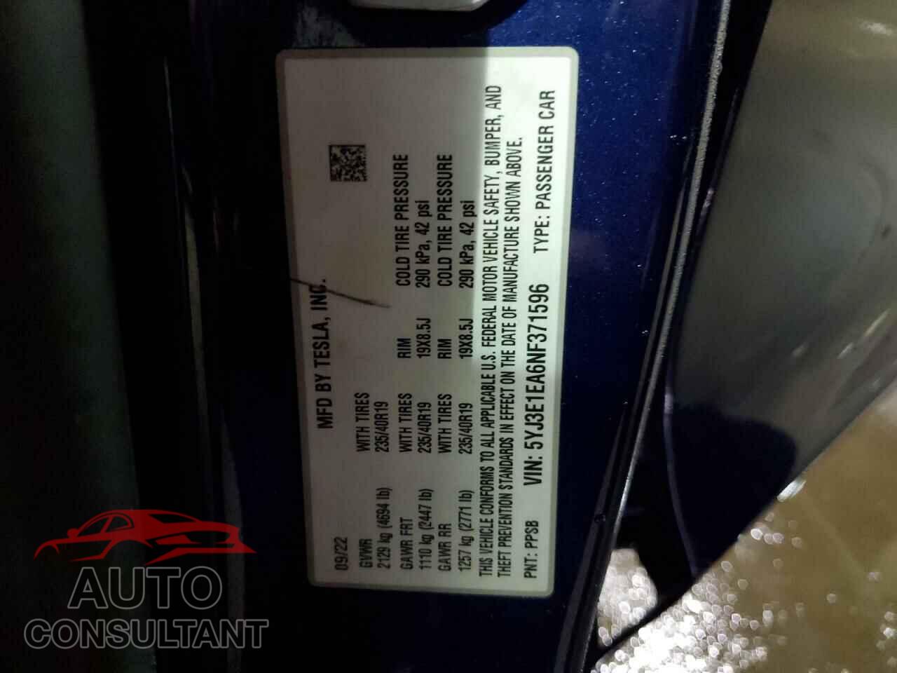 TESLA MODEL 3 2022 - 5YJ3E1EA6NF371596